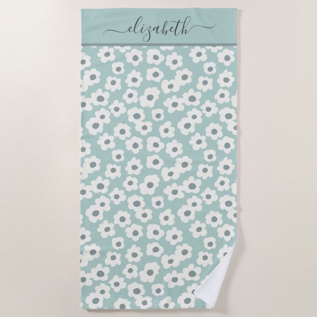 Monogram Boho Sage Green White Gray Floral  Beach Towel (Front)