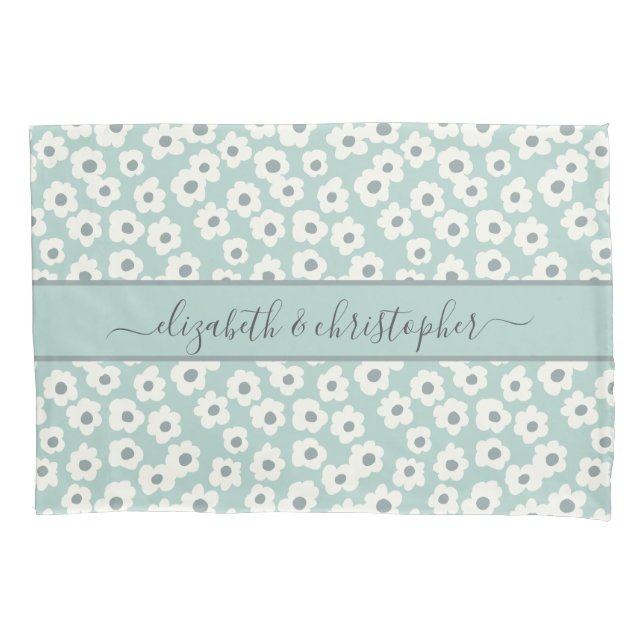 Monogram Boho Sage Green White Gray Floral  Pillow Case (Front-Left)