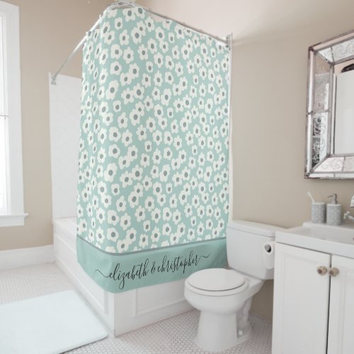 Monogram Boho Sage Green White Gray Floral   Shower Curtain