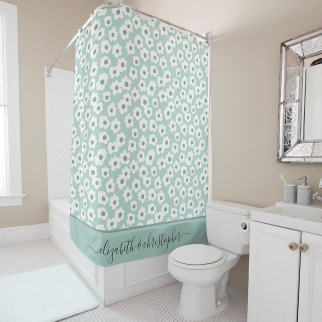 Monogram Boho Sage Green White Gray Floral   Shower Curtain (In Situ)