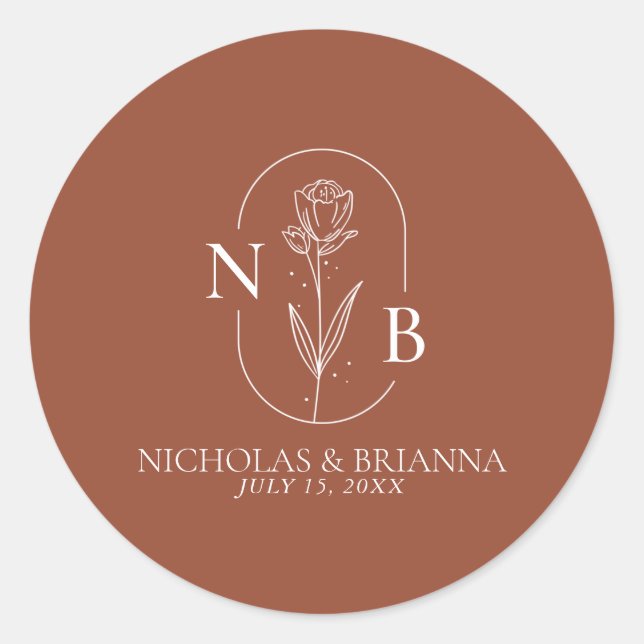 Monogram Boho Terracotta Burnt Orange Wedding Classic Round Sticker (Front)