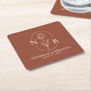 Monogram Boho Terracotta Burnt Orange Wedding Square Paper Coaster