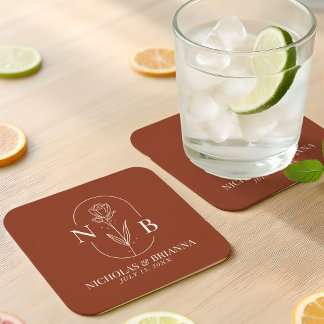 Monogram Boho Terracotta Burnt Orange Wedding Square Paper Coaster