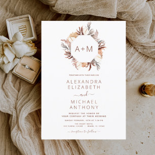Monogram Boho Terracotta Pampas Grass Wedding Invitation