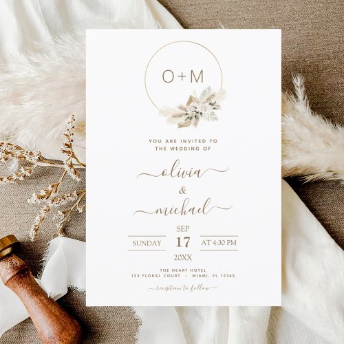 Monogram Boho Tropical Pampas Grass Wedding Invita Invitation