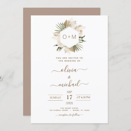 Monogram Boho Tropical Pampas Grass Wedding Invita Invitation