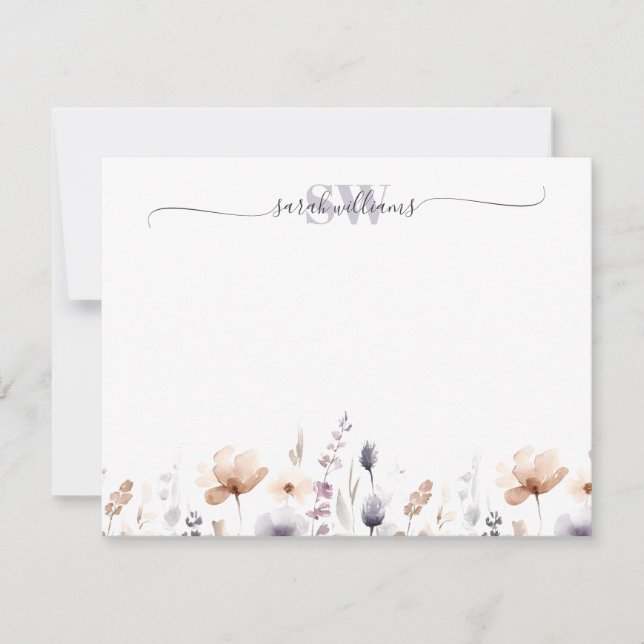 Monogram Boho Watercolor Wildflower Script Name Note Card (Front)