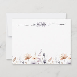 Monogram Boho Watercolor Wildflower Script Name Note Card