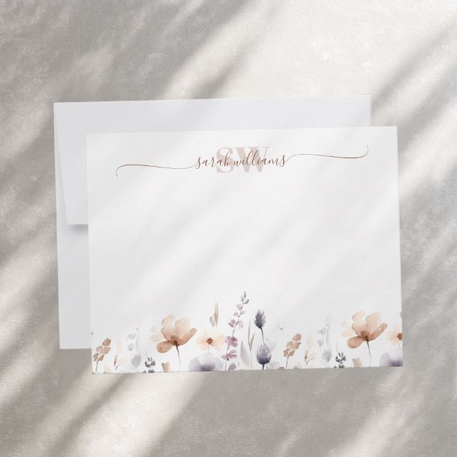 Monogram Boho Watercolor Wildflower Script Name Note Card (Creator Uploaded)