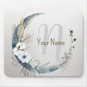 Monogram Boho White Orchid Flowers Blue Moon Mouse Pad