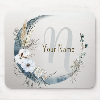 Monogram Boho White Orchid Flowers Blue Moon Mouse Pad