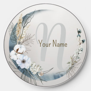 Monogram Boho White Orchid Flowers Blue Moon Wireless Charger