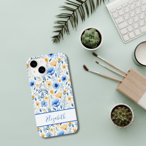 Monogram Boho Wildflowers Blue Yellow Floral Case_Mate iPhone 14 Case