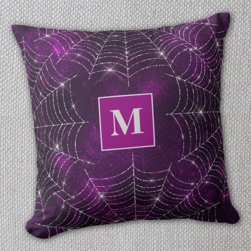 Monogram Bokeh Sparkling Spider Webs Halloween Throw Pillow
