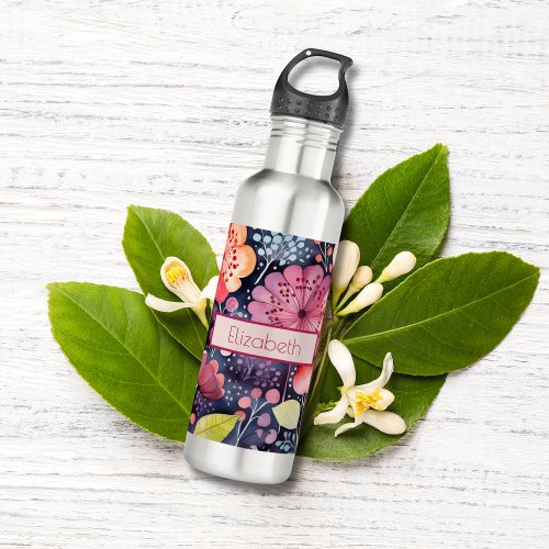 Monogram Bold Bright Floral Watercolor Botanical Stainless Steel Water Bottle