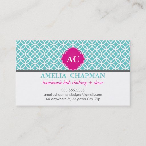 Customizable MONOGRAM bold geometric circles turquoise pink Business Card Templates