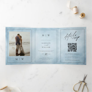 Monogram & Border Elegant Dusty Blue Wedding Tri-Fold Invitation