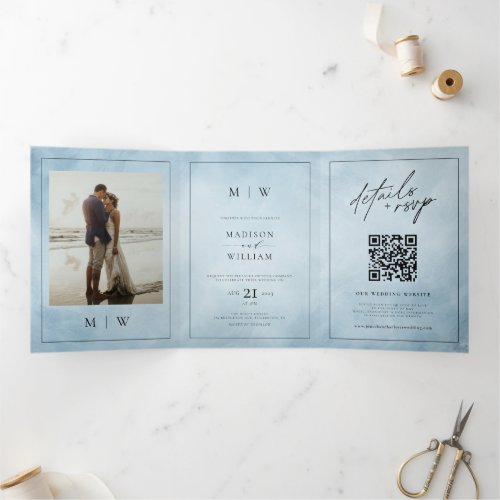 Monogram  Border Elegant Dusty Blue Wedding Tri_Fold Invitation