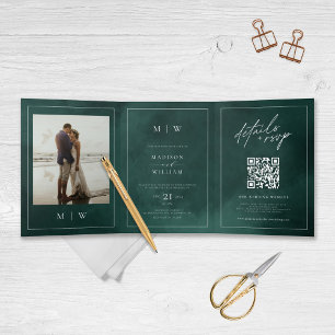 Monogram & Border Elegant Emerald Green Wedding Tri-Fold Invitation
