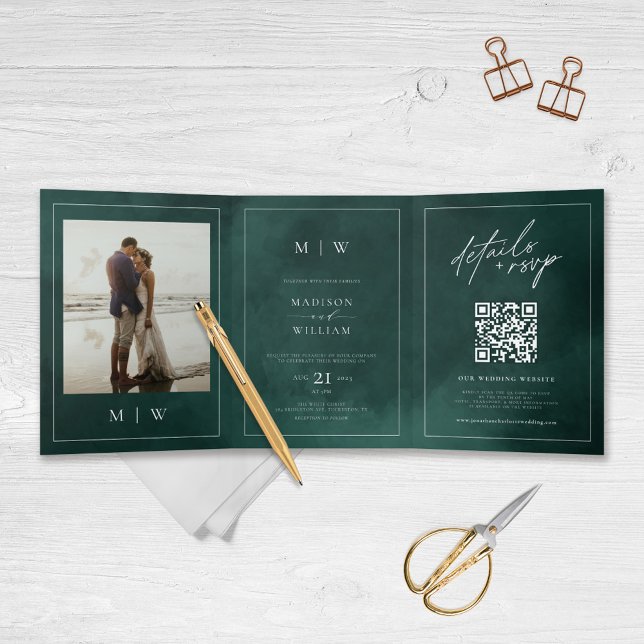 Monogram & Border Elegant Emerald Green Wedding Tri-Fold Invitation (Creator Uploaded)