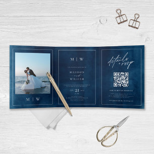 Monogram & Border Elegant Navy Blue Wedding Tri-Fold Invitation