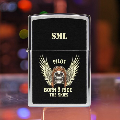 MonogramBorn To Ride The SkiesPilot Skull Zippo Lighter