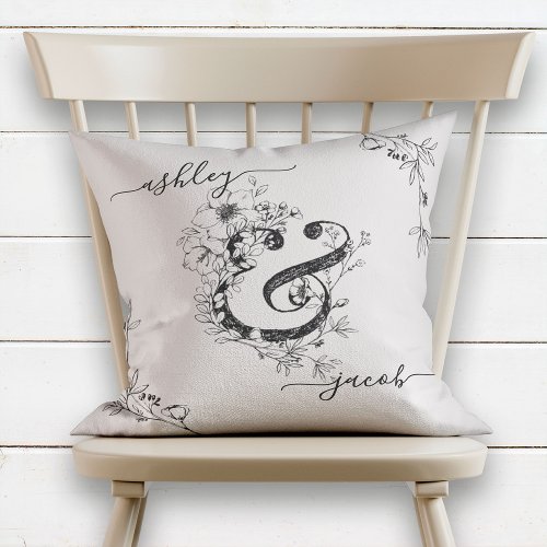 Monogram Botanical Ampersand Modern Script Blush Throw Pillow