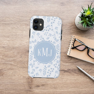 Monogram Botanical Blue Simple Floral Pattern iPhone 11 Case