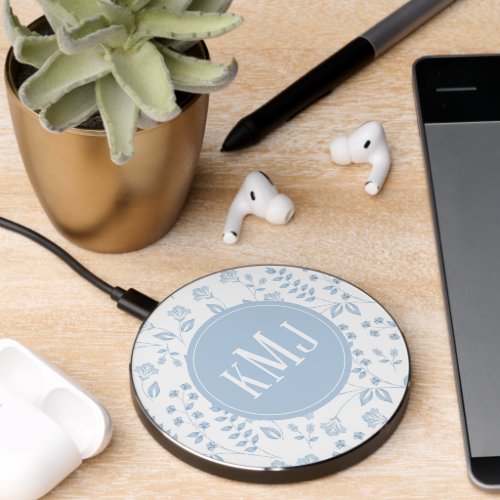 Monogram Botanical Blue Simple Floral Pattern  Wireless Charger