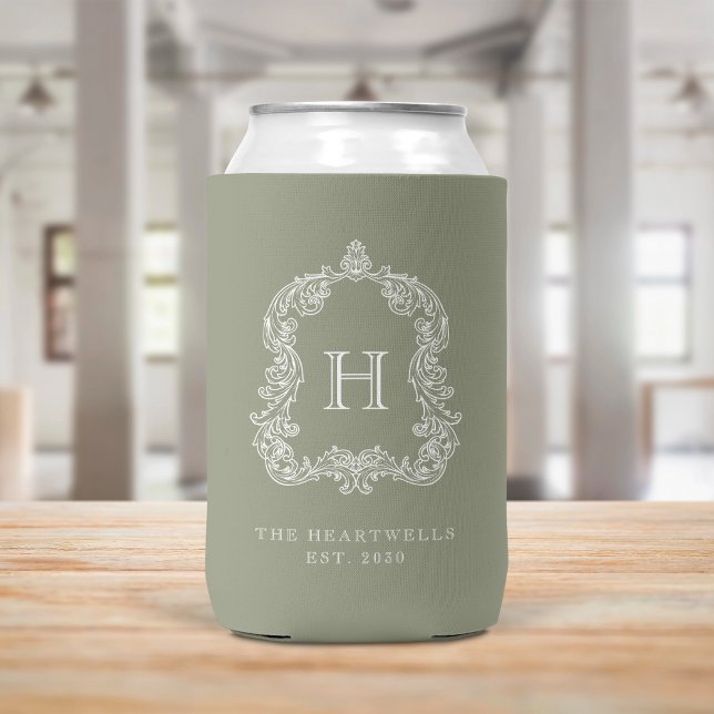 Monogram Botanical Crest Sage Green Wedding Can Cooler (Creator Uploaded)
