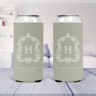 Monogram Botanical Crest Sage Green Wedding Seltzer Can Cooler
