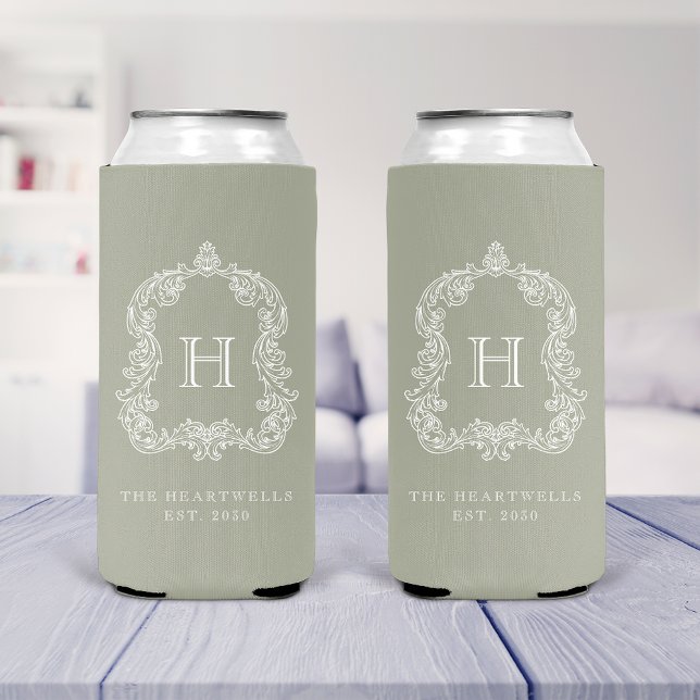 Monogram Botanical Crest Sage Green Wedding Seltzer Can Cooler (Creator Uploaded)