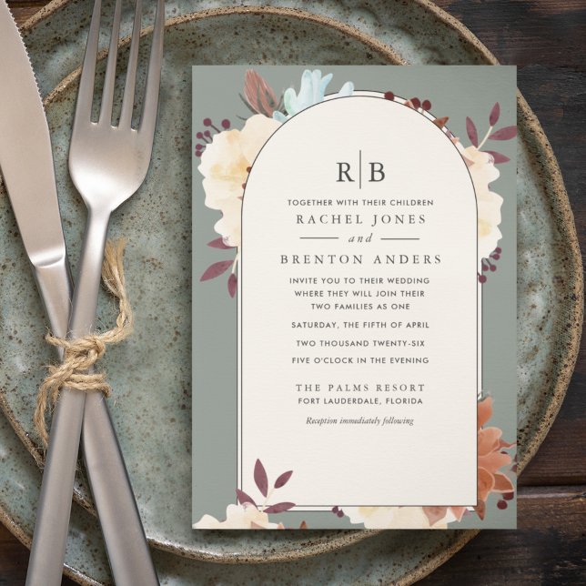 Monogram Botanical Floral Blended Family Wedding  Invitation (Creator Uploaded)