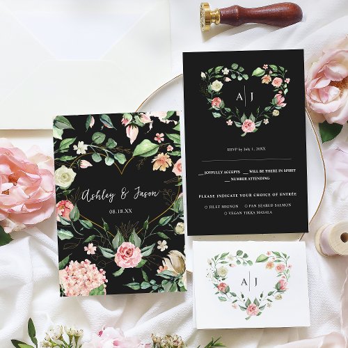 Monogram  Botanical Floral Heart Wedding RSVP  Announcement
