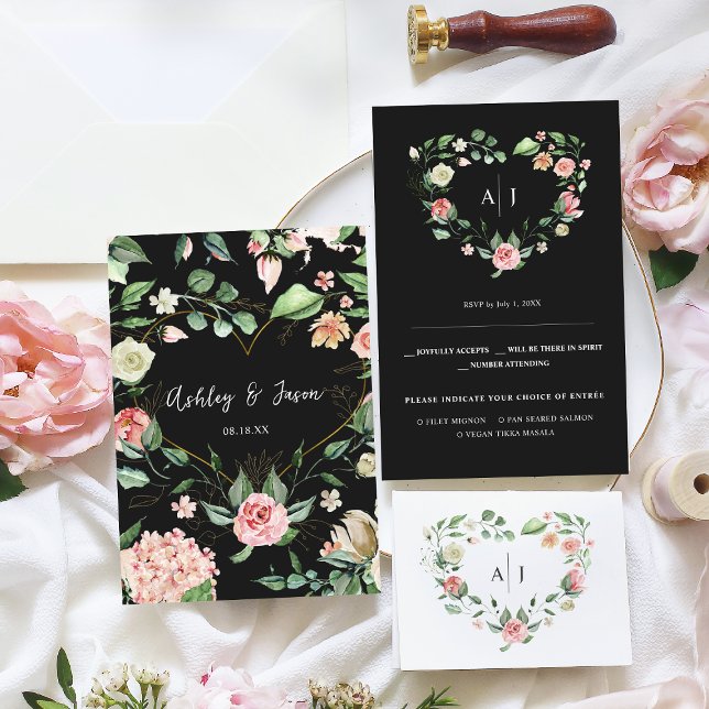 Monogram | Botanical Floral Heart Wedding RSVP  Announcement (Creator Uploaded)