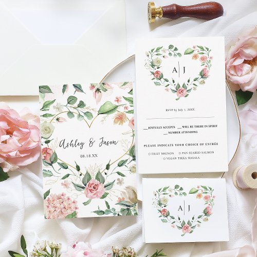 Monogram  Botanical Floral Heart Wedding RSVP Announcement
