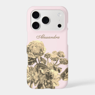 Monogram Botanical Floral Pastel Pink Gold Elegant iPhone 17 Pro Case