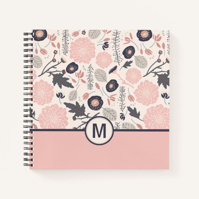  Monogram Botanical Floral Pattern Pink Gray Notebook (Front)