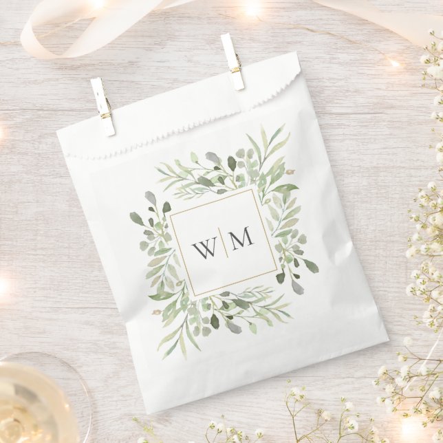 Monogram Botanical Greenery Foliage Wedding Favor Bag (Clipped)