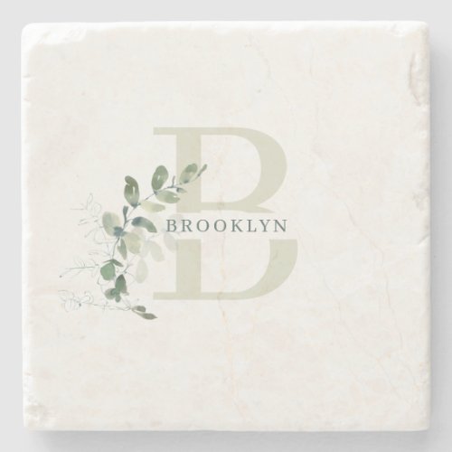 Monogram Botanical Greenery Stone Coaster