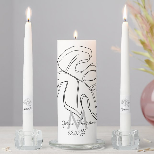 Monogram Botanical Hand Drawn Monstera Unity Candle Set (In Situ)