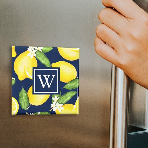 Monogram Botanical Lemon Navy Blue Magnet