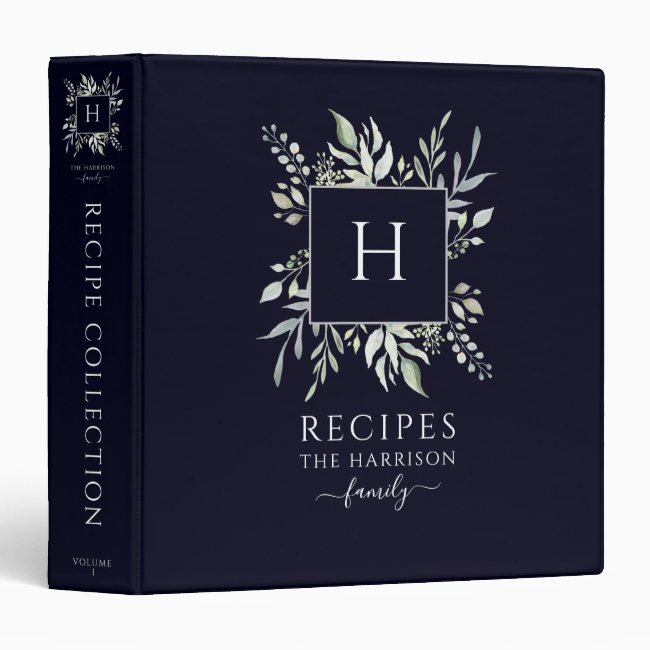 Monogram Botanical Navy Recipe 3 Ring Binder