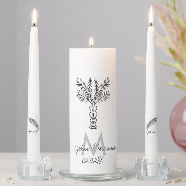Monogram Botanical Palm Leaf Hand Drawn Unity Candle Set (In Situ)