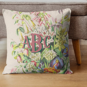 Monogram Botanical Vintage Flowers Pink and Green Throw Pillow
