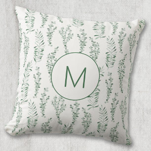 Monogram Botanical Watercolor Greenery Leaves Throw Pillow