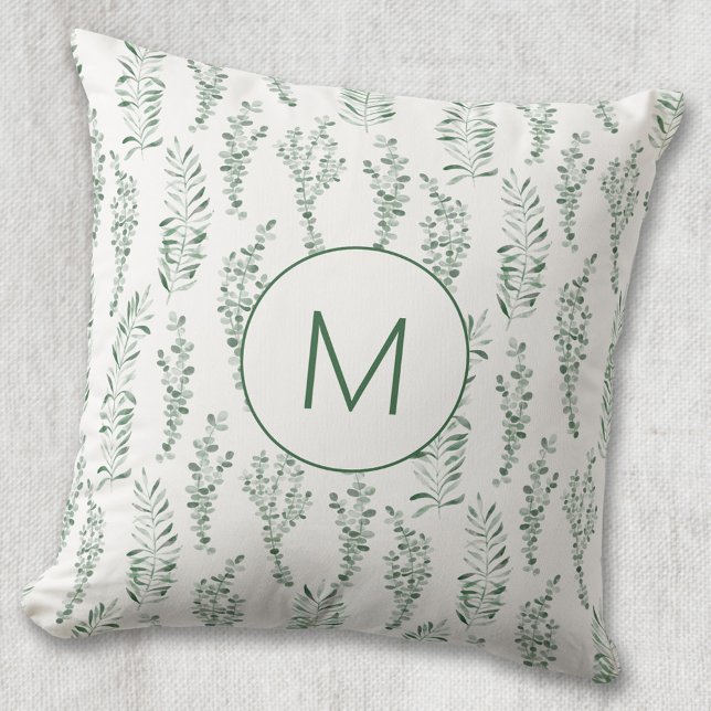 Monogram Botanical Watercolor Greenery Leaves Throw Pillow (Creator Uploaded)