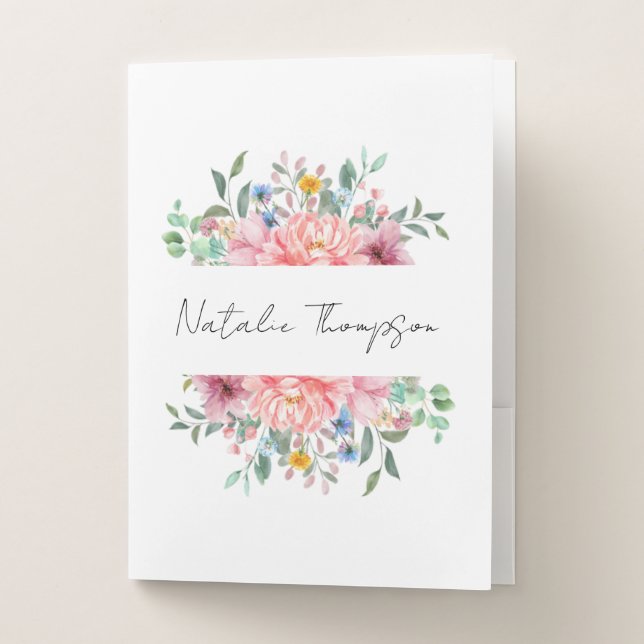 Monogram botanical white background calligraphy pocket folder (Front)