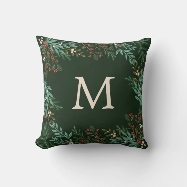 Monogram Botanical Wreath Frame Classic Christmas Throw Pillow (Front)