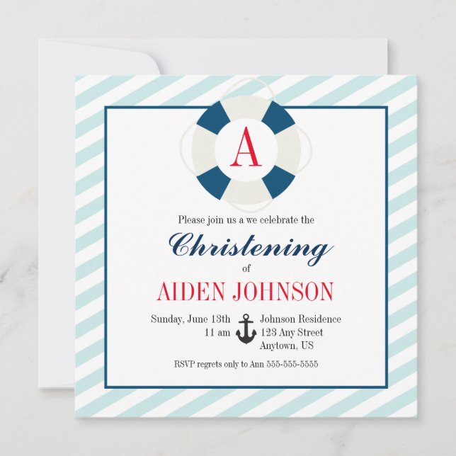Monogram Bouy Nautical Baby Boy Christening Invitation (Front)